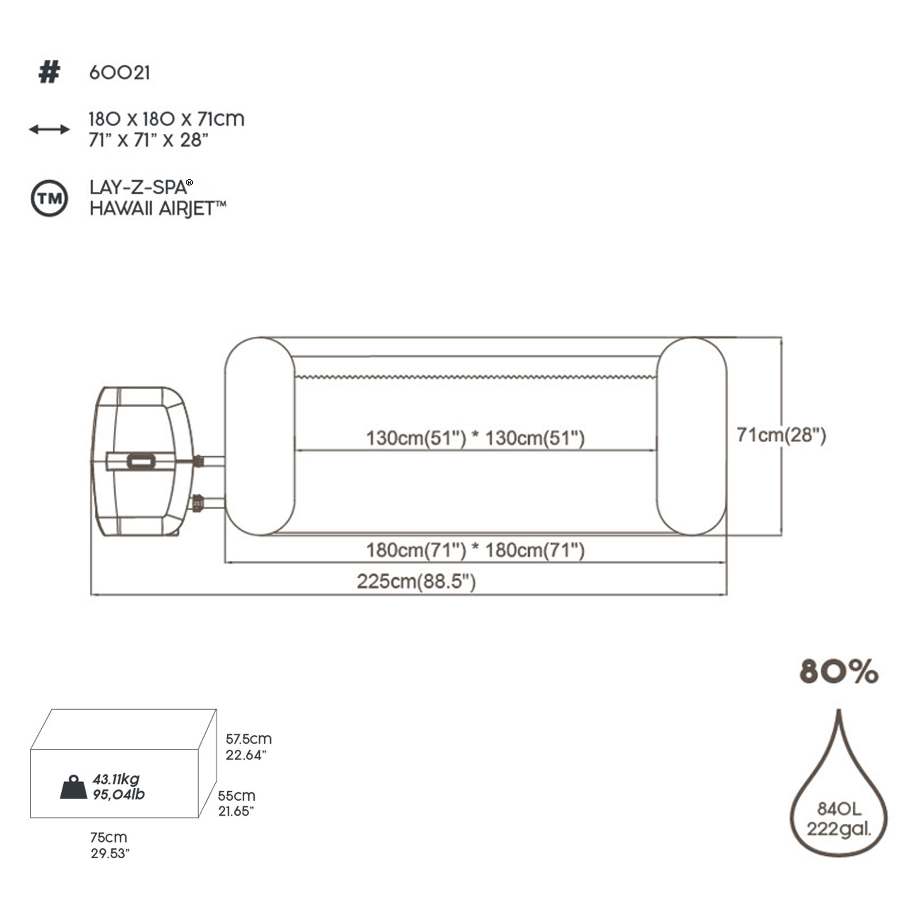 Bestway® LAY-Z-SPA® Whirlpool Hawaii AirJet™ 180 x 180 x 71 cm, eckig