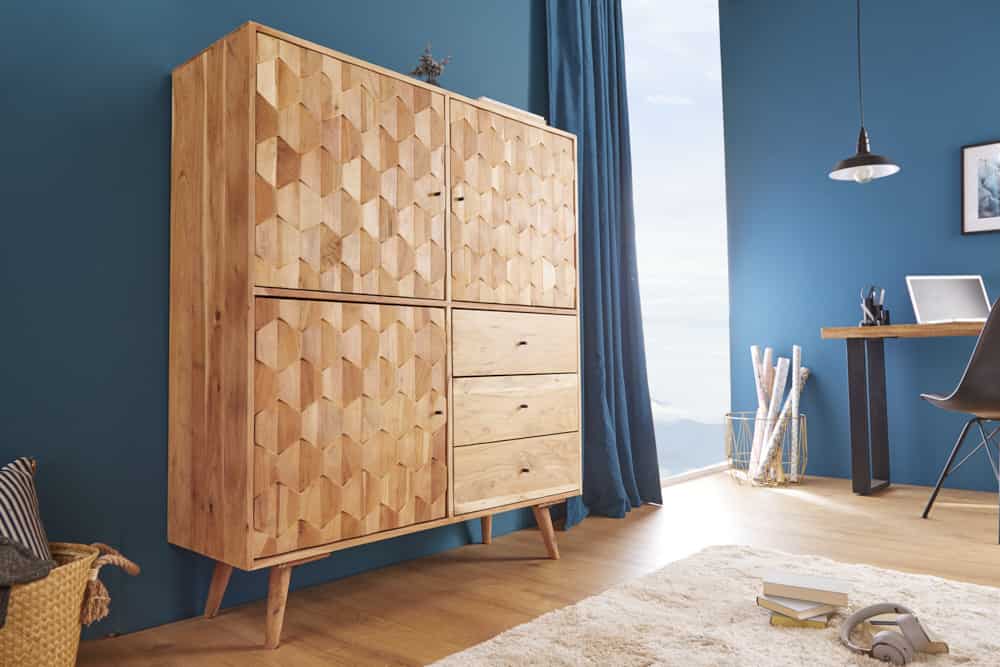 Massivholz Highboard MYSTIC LIVING 140cm Akazie natur 3D-Oberfläche