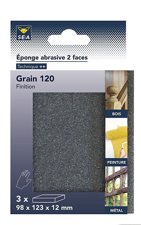 Eponge abrasive 2 faces 98 x 123 x 12 mm grain 120, lot de 3