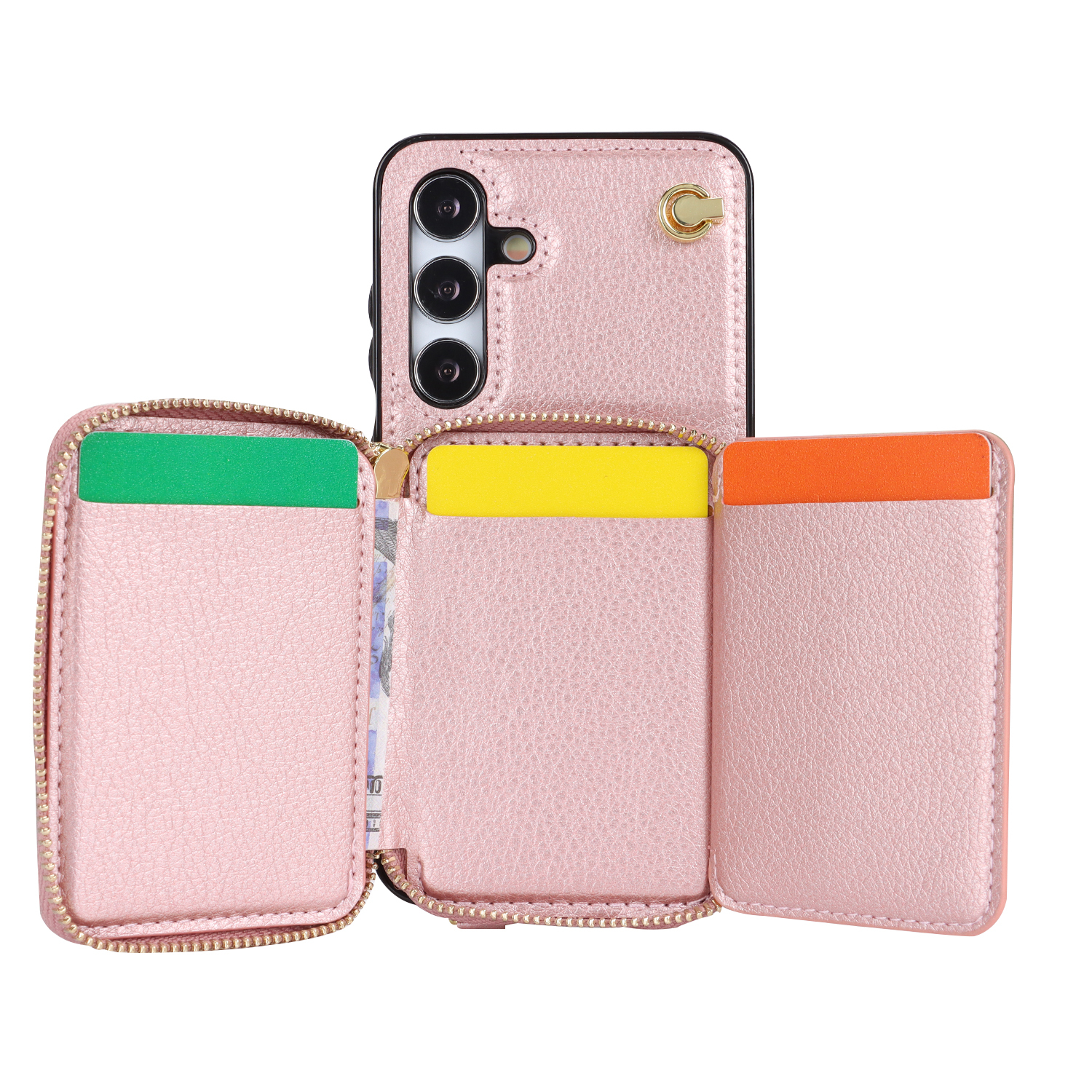 Samsung Galaxy S24 Necklace Leder Schutz Hülle mit Kartenfächer   Handykette (140cm) - Roségold