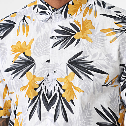 Chemise Manches Courtes Floral Blanc Jaune Bleu Marine