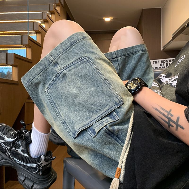 Priam - Hoge taille gewassen denim cargo shorts