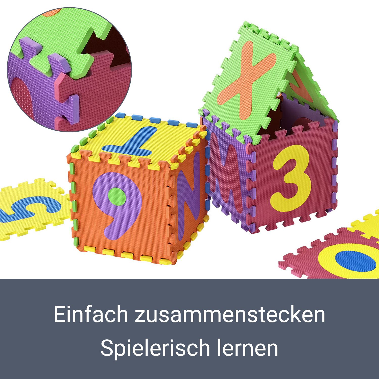 Juskys Kinder Puzzlematte Kim 36 Teile mit Buchstaben & Zahlen - rutschfest – Spielmatte bunt