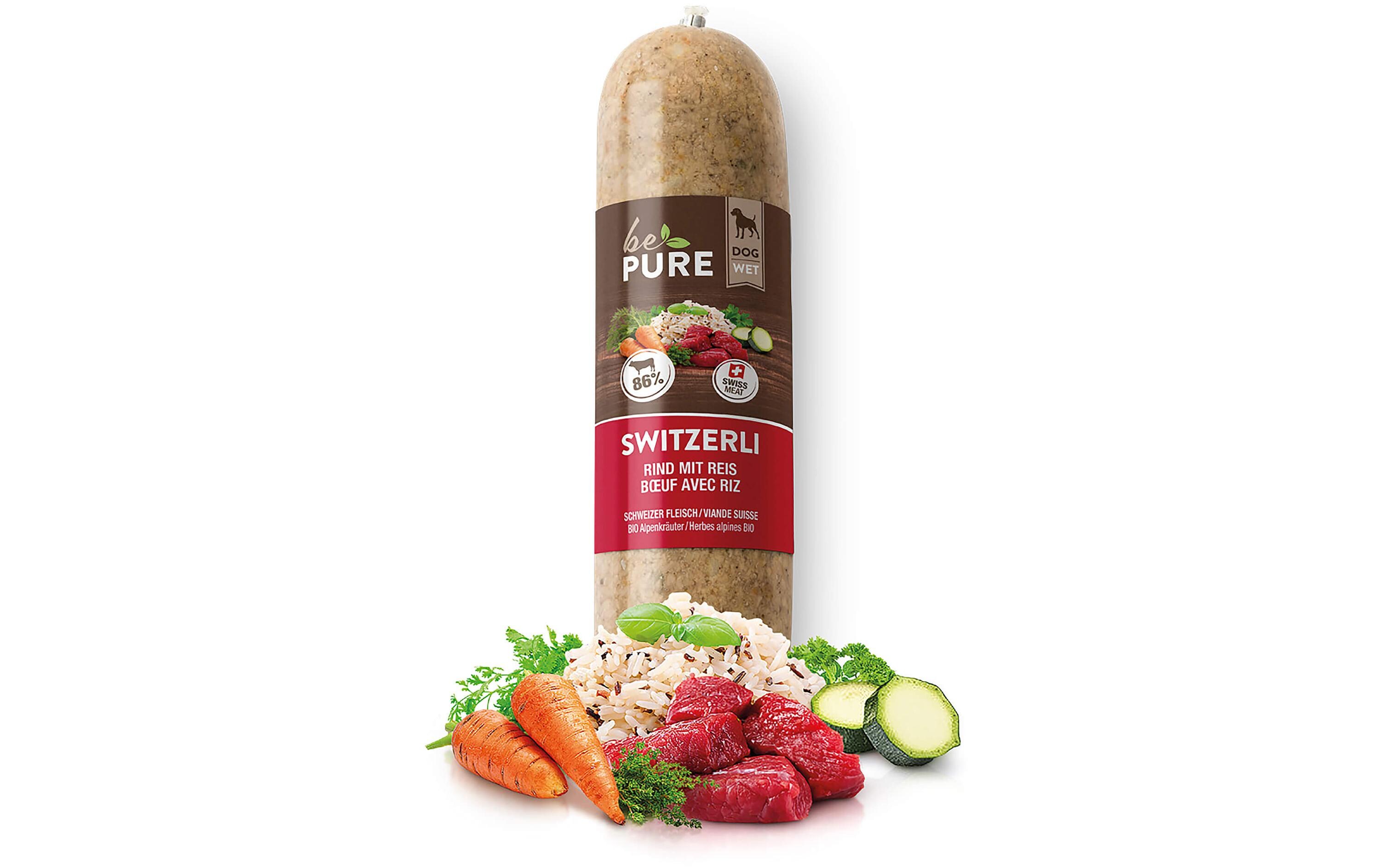 Nassfutter Switzerli mit Rind und Reis 400 gWurst als Snack oder Alleinfuttermittel für Hunde