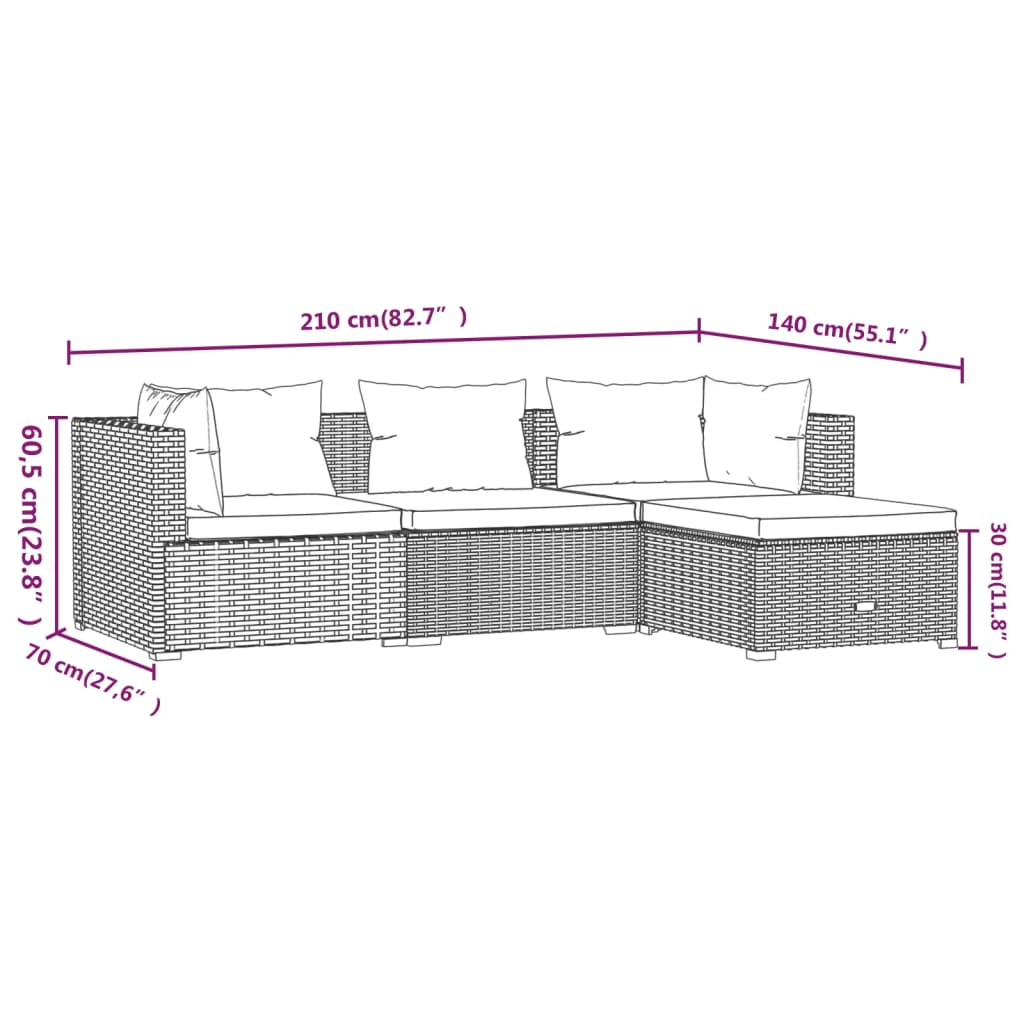 Salon de jardin meuble d'extérieur ensemble de mobilier 4 pièces avec coussins résine tressée marron