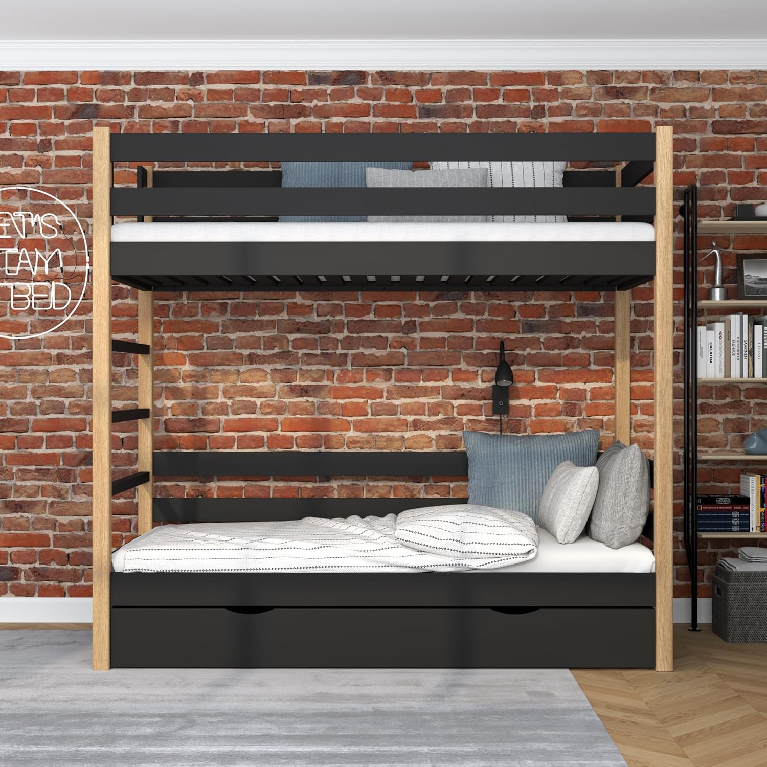 N03 Etagenbett mit Schublade, Kinderbett 90x200 cm, für 2 Kinder, 2 Leitermontageseiten: Links oder rechts, abgerundete Kanten, Massivholzkonstruktion, Hochwertige Materialien, Schwarzeiche