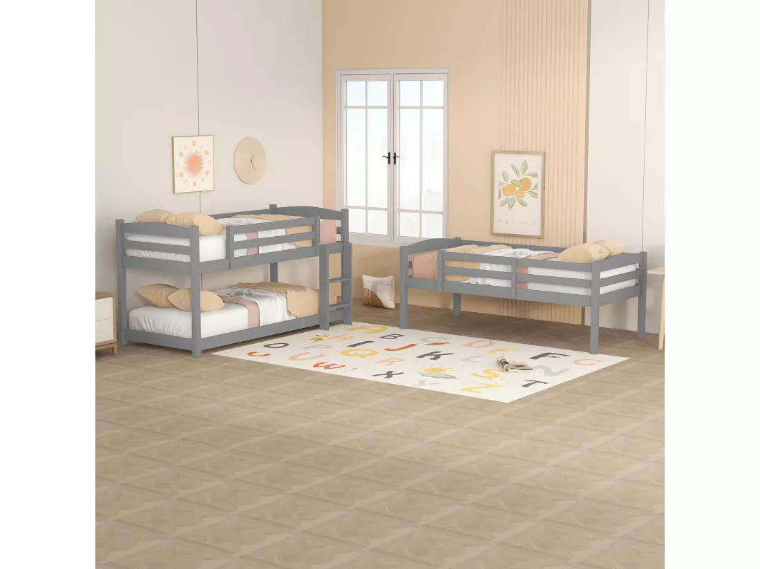 Lit superposé triple avec échelle et barrière de protection - 90x200cm - bois massif - Gris