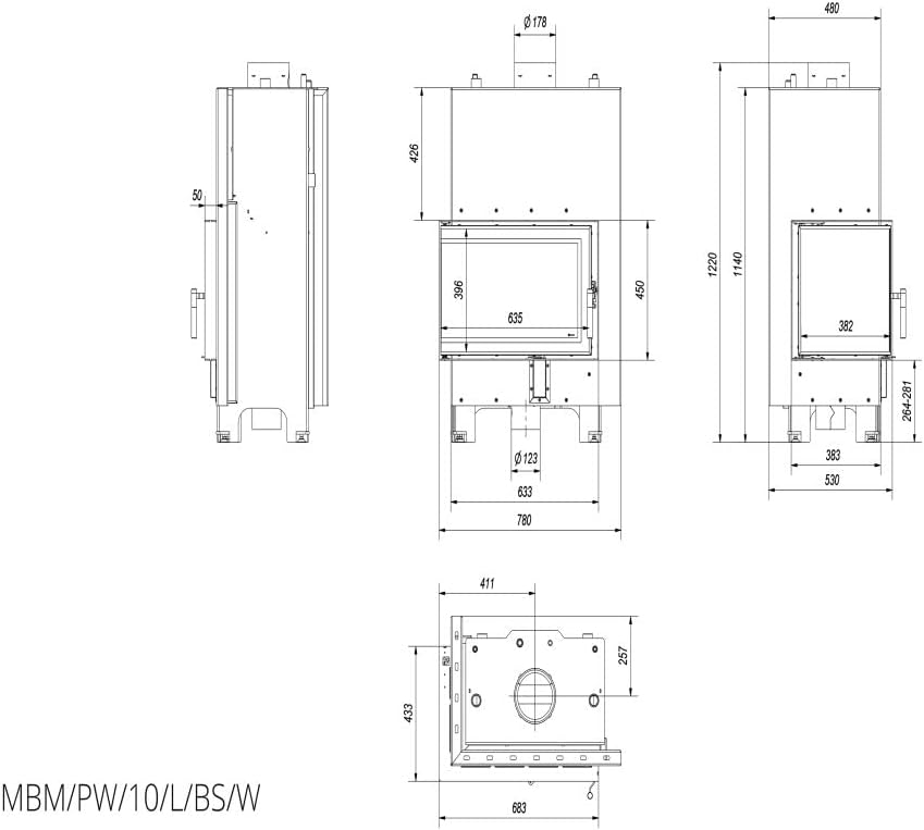 Kratki wasserführender Kamineinsatz MBM PW 10 | 12 kW | Ecke Links