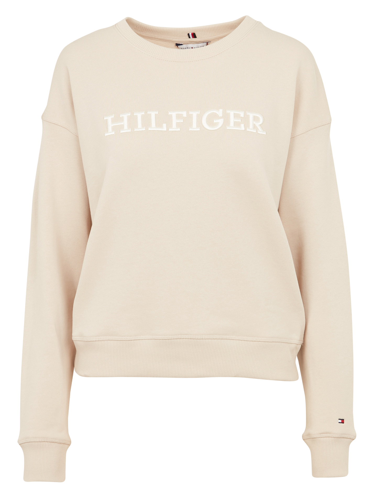 Sweat col rond brodé en coton| Beige