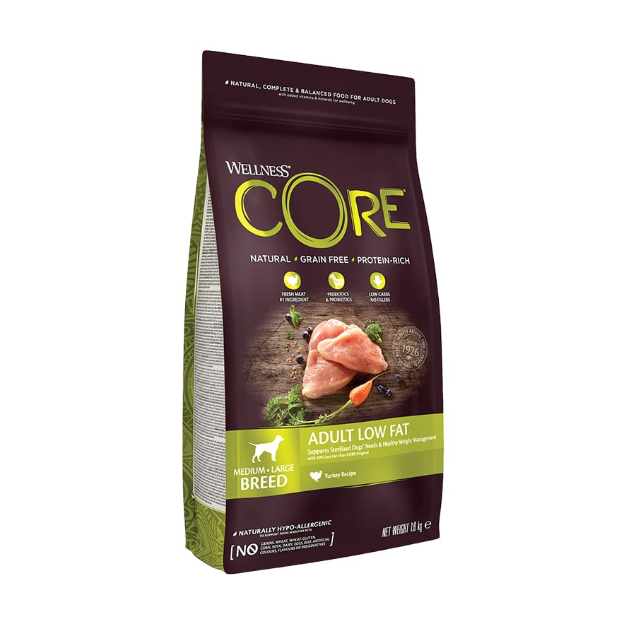 Ração para cães Wellness Core Adult de porte médio/grande, sabor peru, com baixo teor de gordura, 1,8 kg.