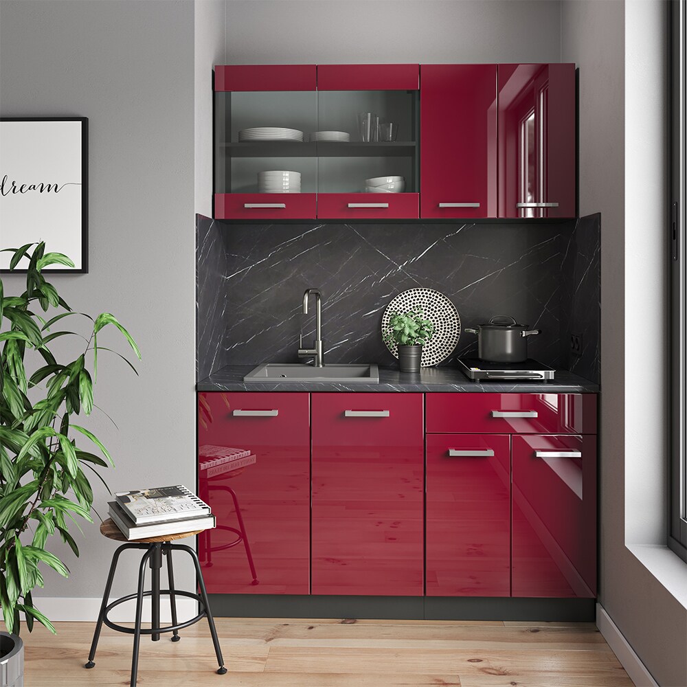 VICCO Küchenzeile R-LINE SINGLE Einbauküche 140 cm Küche Küchenblock Singleküche Anthrazit Bordeaux Hochglanz