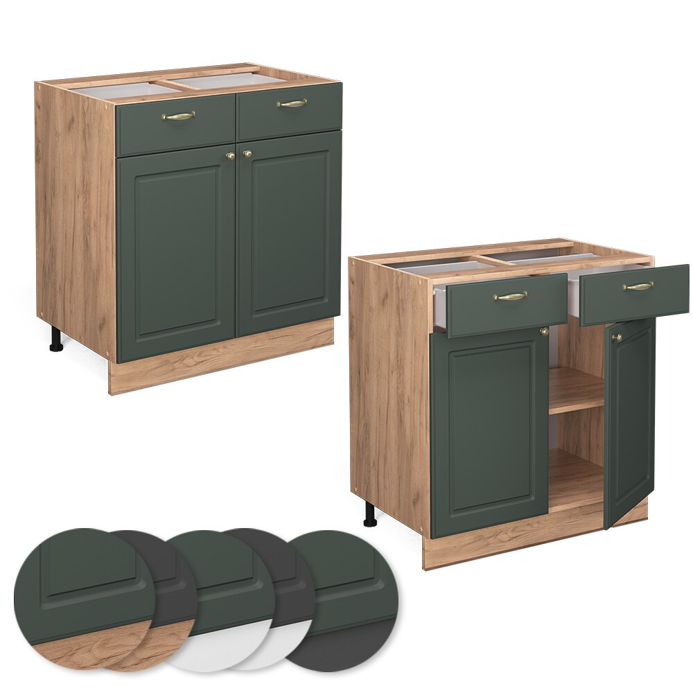 Vicco Schubunterschrank Küchenschrank Küchenmöbel Fame-Line Eiche Grün-Gold Landhaus 80 cm Küche Einbauküche Drehtür Schublade Einlegeboden Blende Küchenzeile