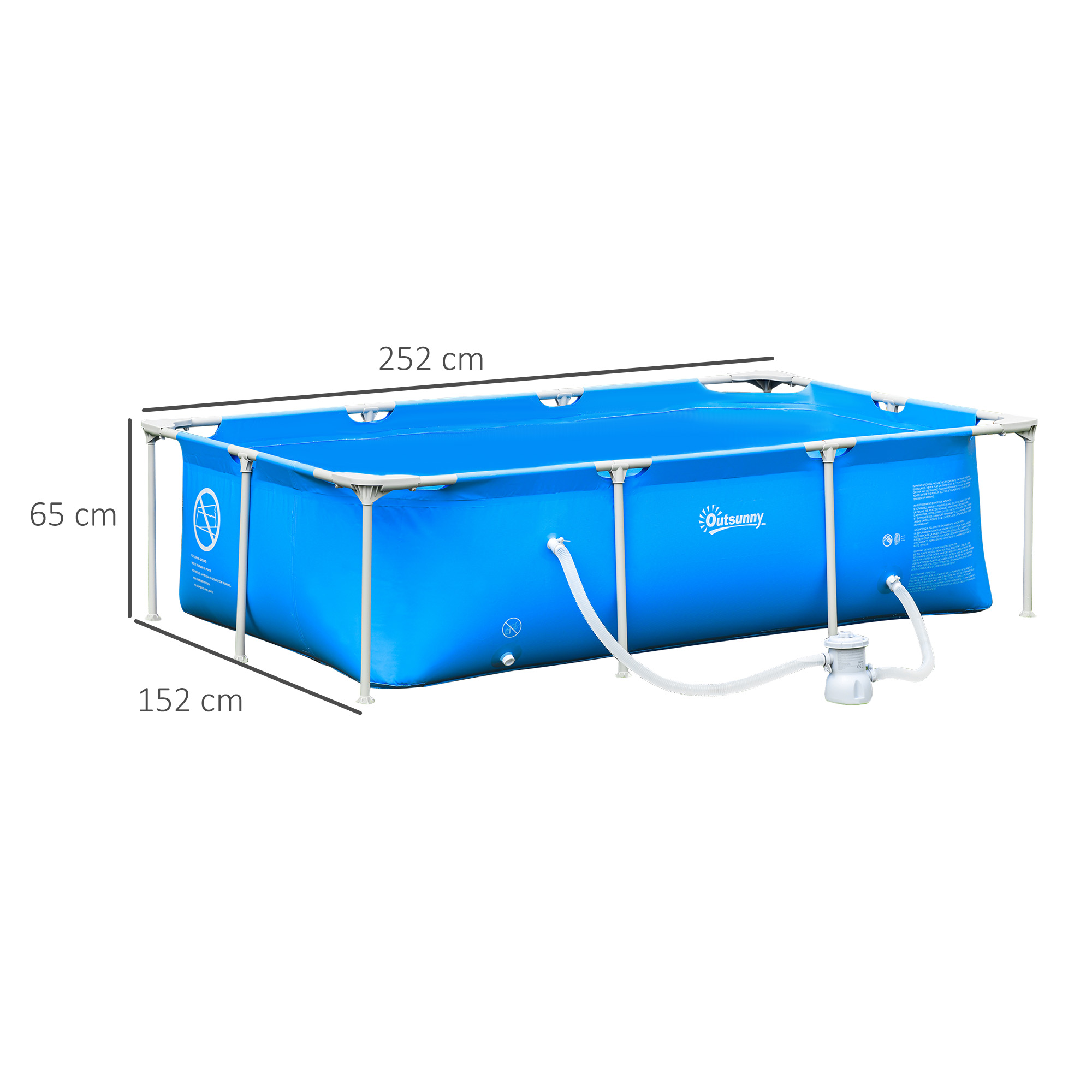 Piscina tubular Outsunny de 252x152x65 cm com bomba de filtro de cartucho de 1200L/H, piscina retangular para exterior para adultos e crianças, 2163L, azul.