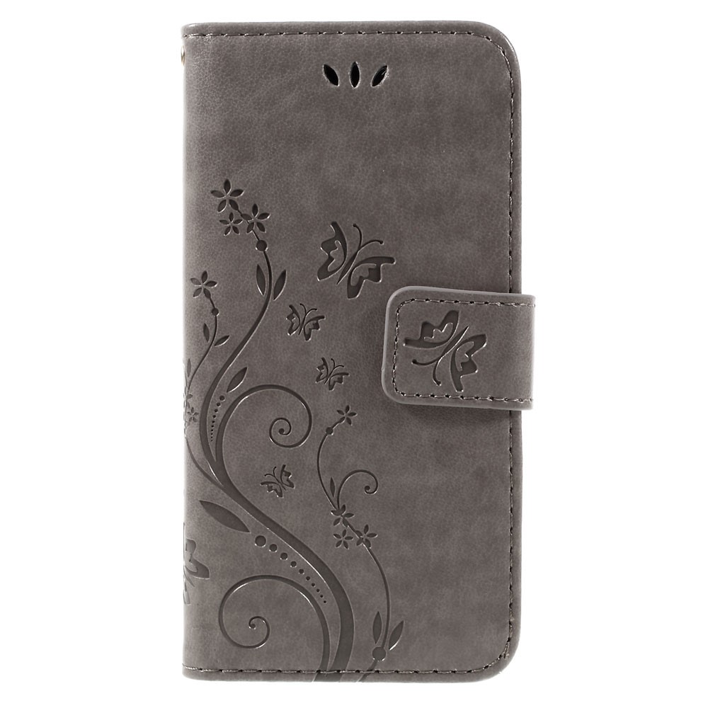 iPhone SE (2022/2020) / 8 / 7 Leder Tasche mit Kartenfach   Handschlaufe Butterfly Flowers - Grau