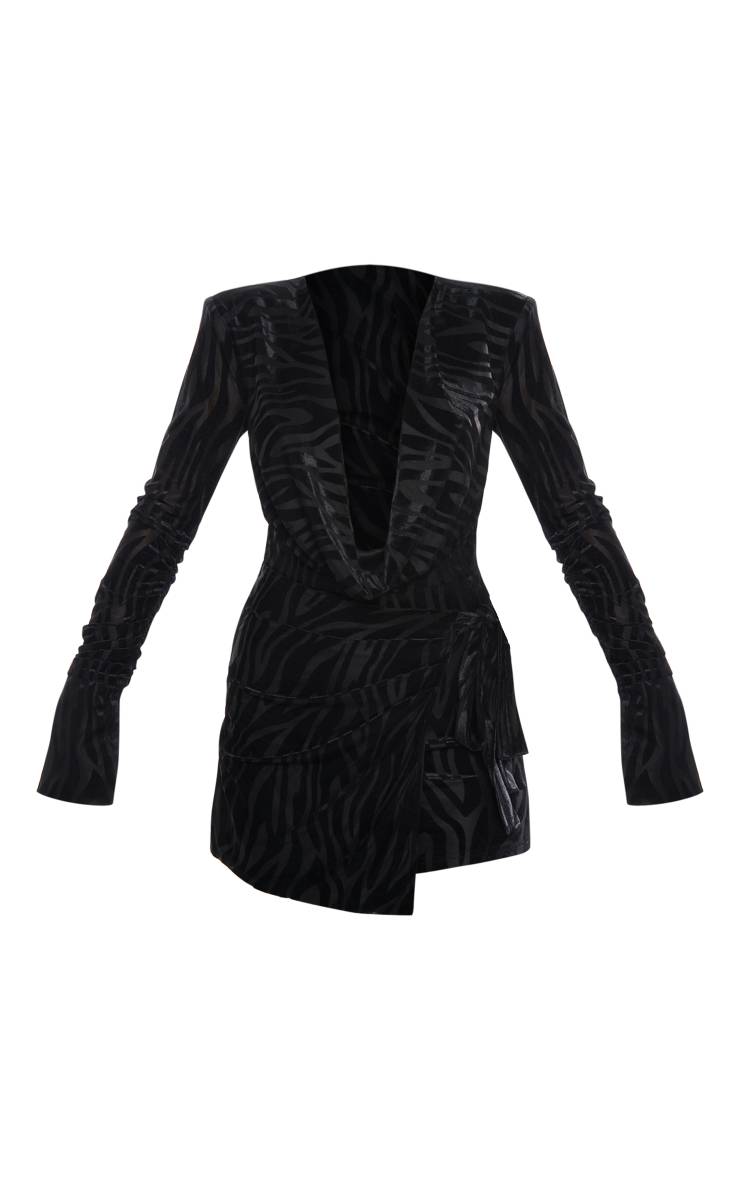 Noir Robe Moulante Portefeuille À Col Bénitier Motif Zèbre Dévoré