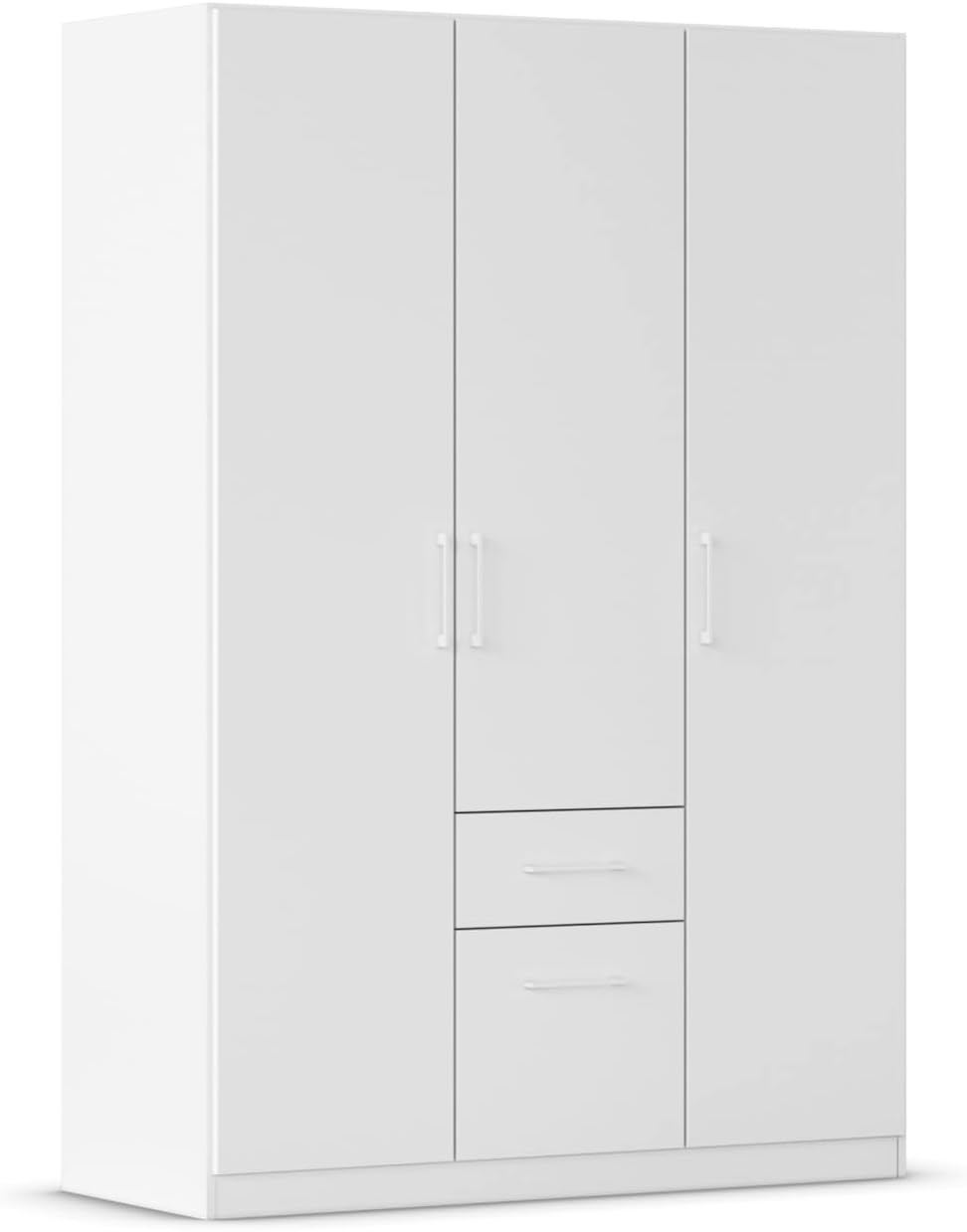 Rauch Möbel Glasgow Drehtürenschrank, Kleiderschrank, Schrank, Garderobe 3-türig, 2 Schubladen, Farbe Weiß, Griffprofil Weiß, 136x197x54cm
