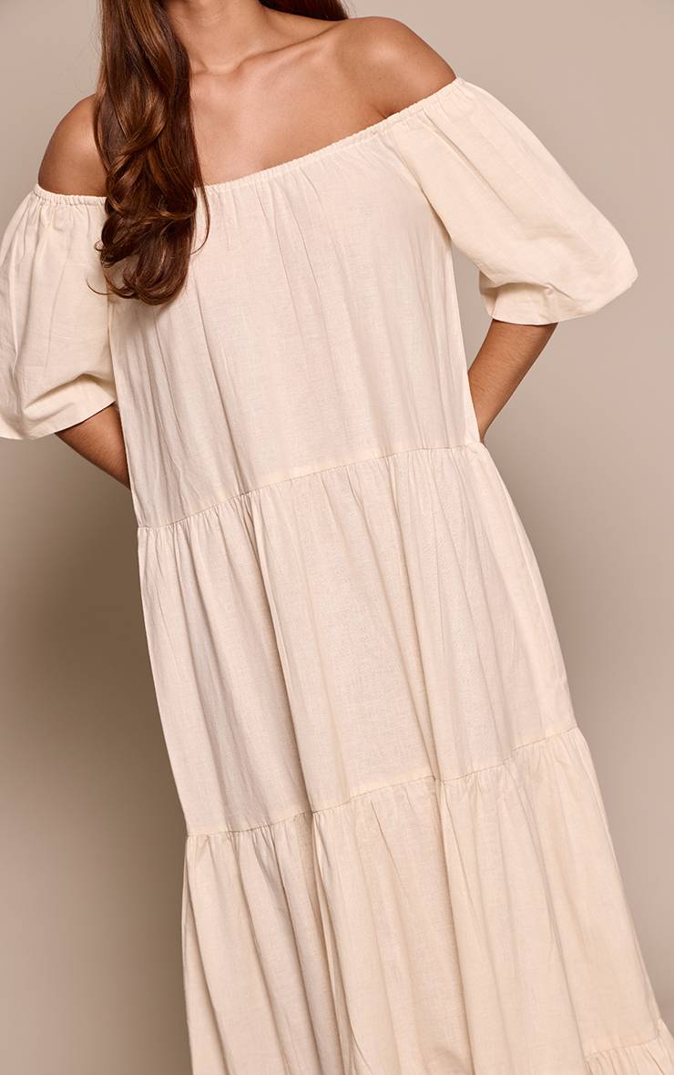 Crème Robe Longue Évasée À Épaules Dénudées Effet Lin