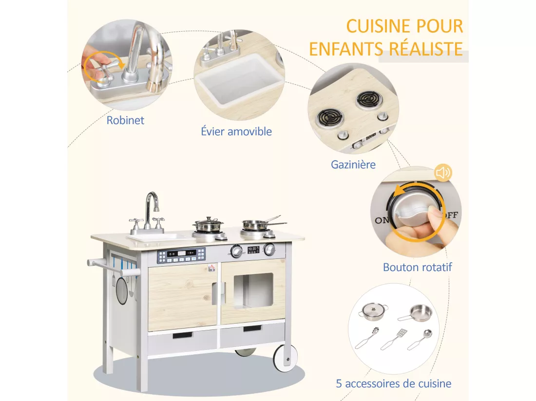 Cuisine desserte pour enfant 2 en 1 multi-équipement avec 5 accessoires acier inox. MDF aspect bois clair gris