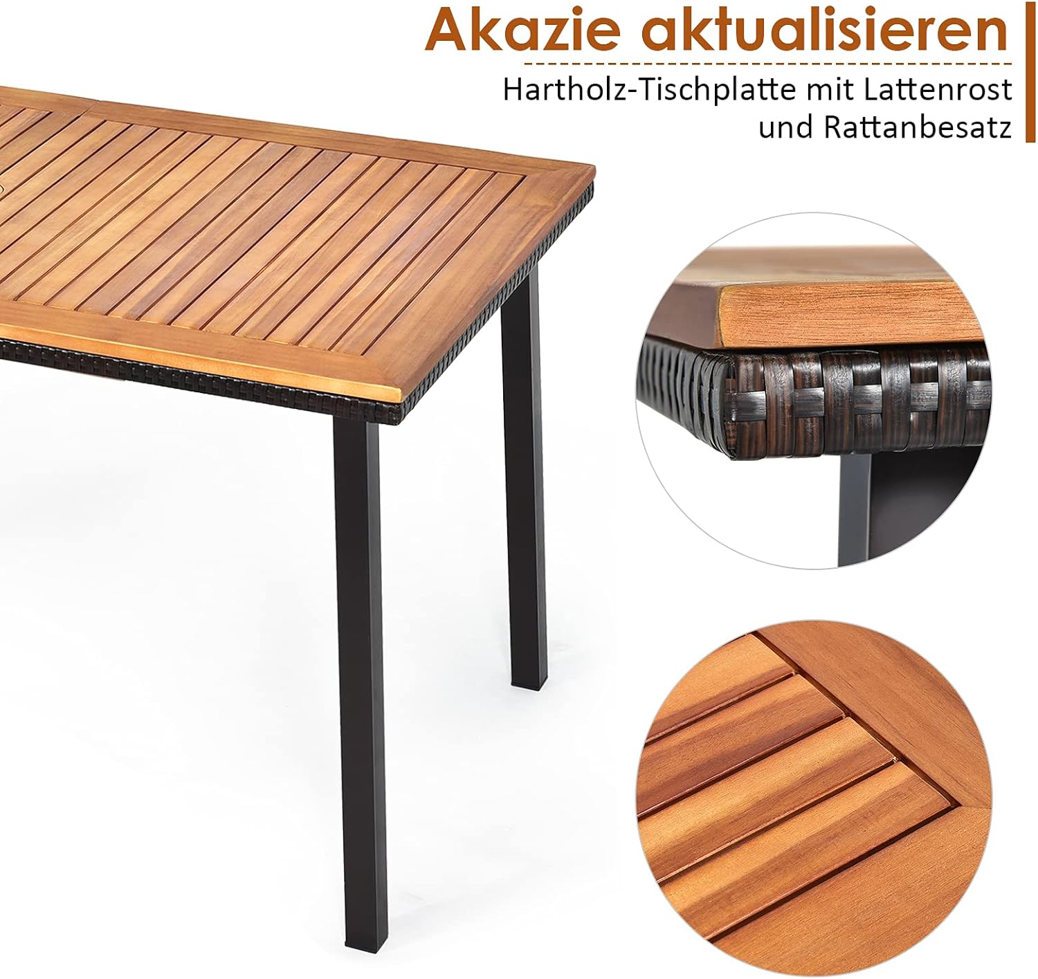 COSTWAY Gartentisch mit Schirmloch, 140x75x76cm, Esstisch für 6-8 Personen, Terrassentisch mit Tischplatte aus Akazienholz, rechteckiger Holztisch mit Metallrahmen