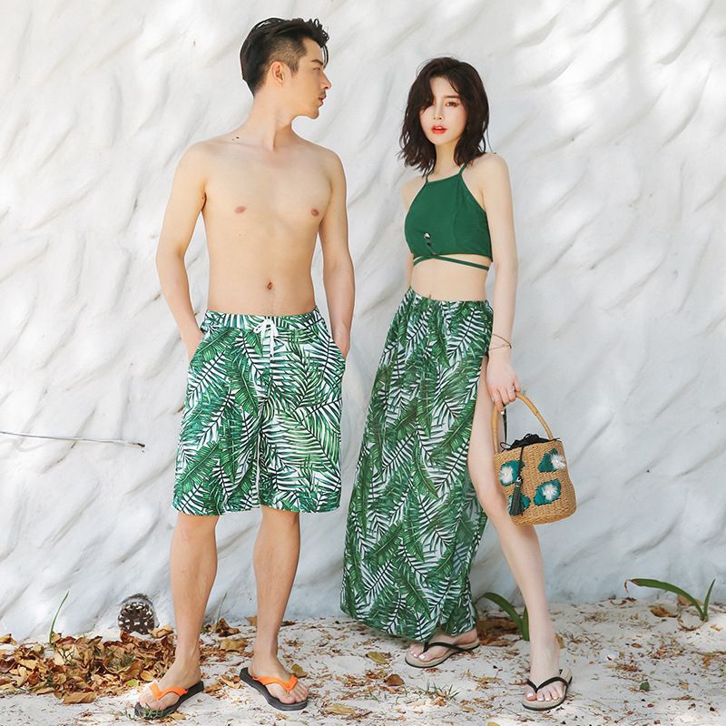 Komorkowe - Bijpassende zwembroek met bladprint / bikini met bladprint / cover-up rok / set