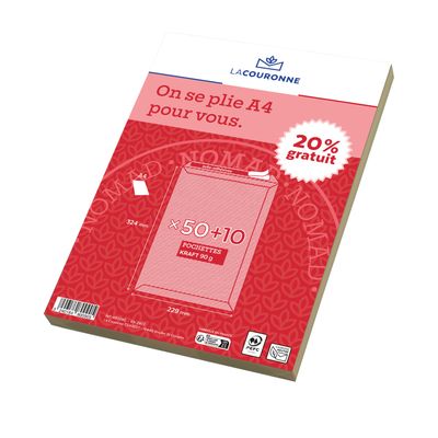 La Couronne - 60 Pochettes (dont 20% gratuit) - C4 229 x 324 mm - 90 gr - sans fenêtre - brun - bande auto-adhésive