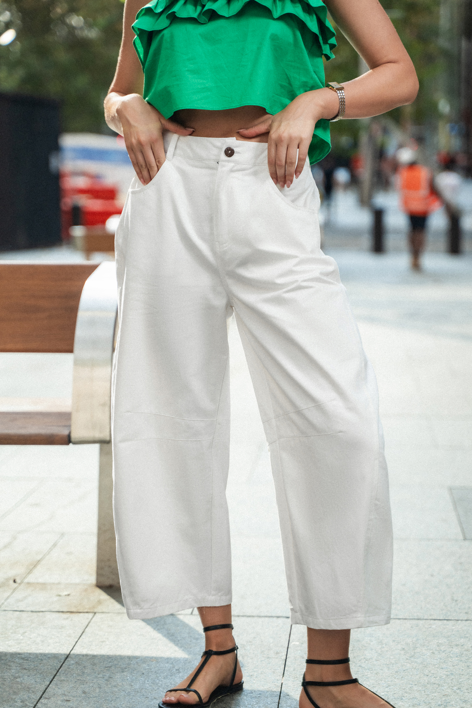 Pantalon en pur coton à jambes larges tissé blanc
