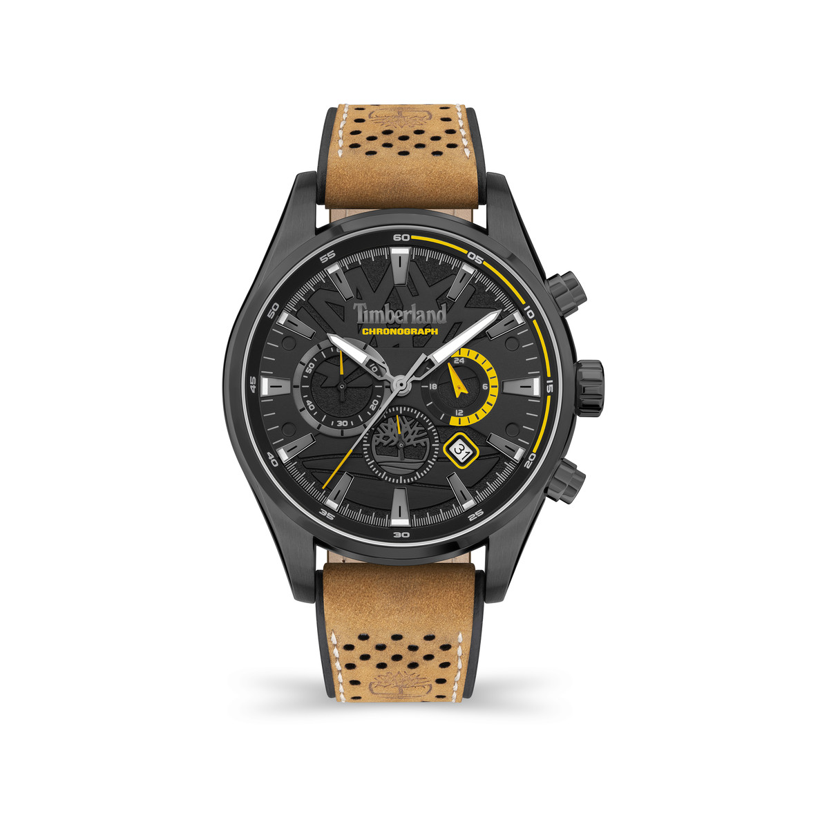 Montre Timberland homme chronographe acier noir bracelet cuir marron clair