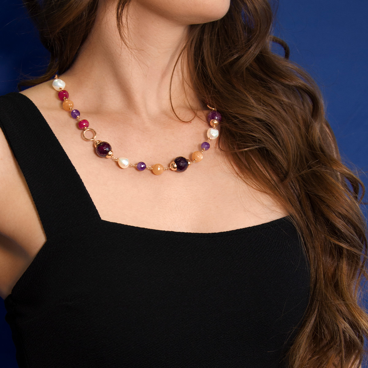 Collier argent 925 rose améthystes agates perles de culture Chine pierre de lune 43 à 50 cm