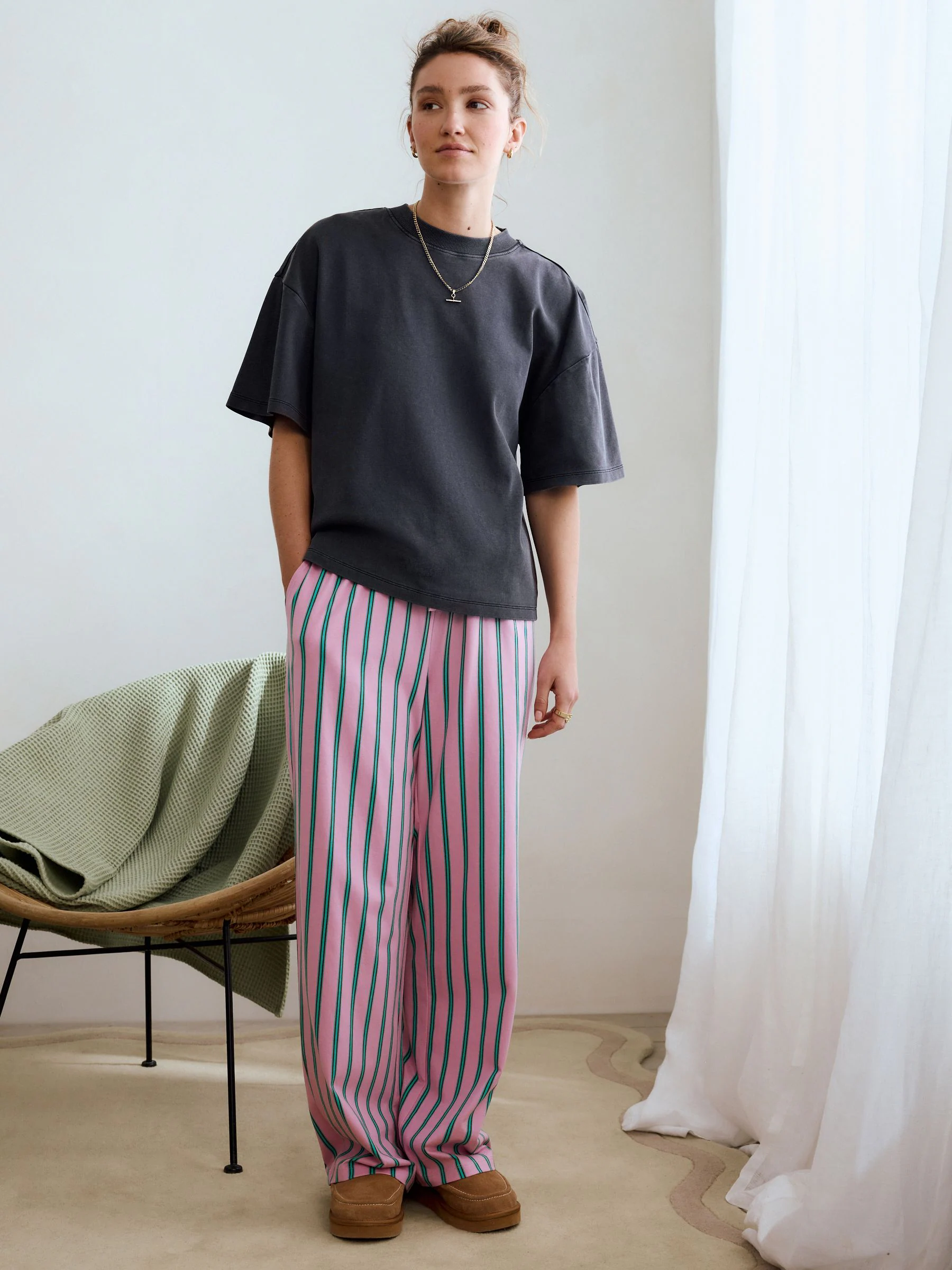 Grijs/Roze Strepen - 100% katoenen pyjama met korte mouwen