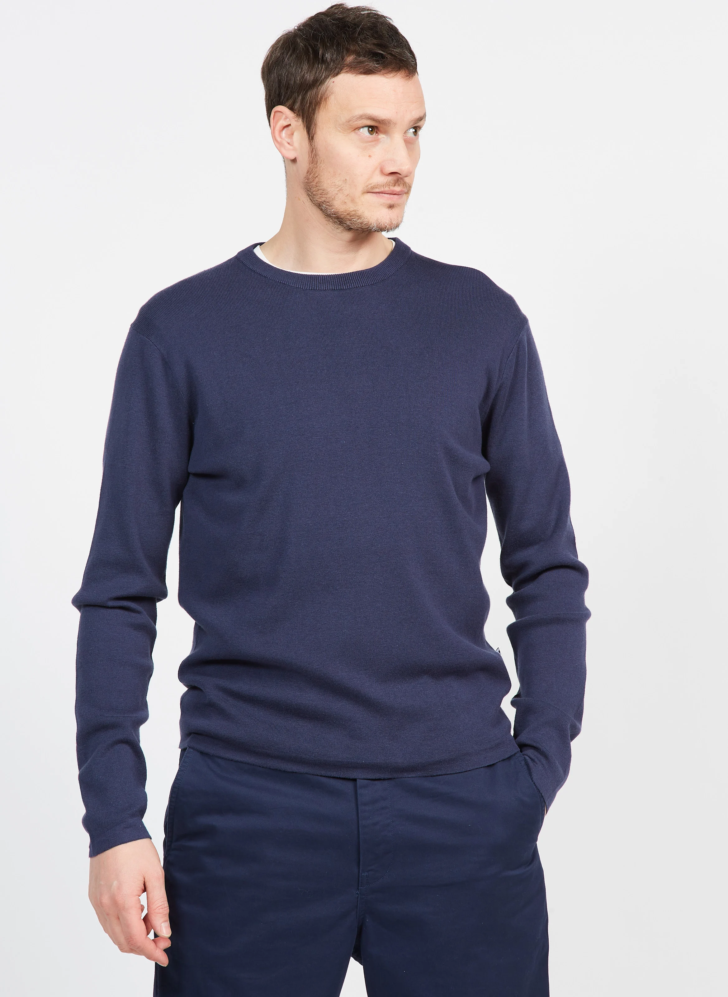 YASON - Pull col rond regular-fit en coton bio mélangé| Bleu