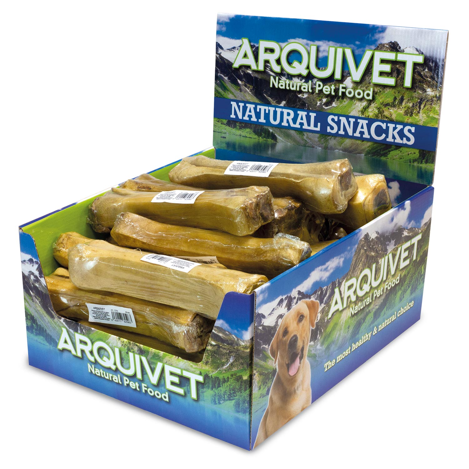 Osso prensado de couro de búfalo recheado com tripa de búfalo - 13 cm - Caixa expositora com 60 unidades - 3.000 g - Petisco natural para cães