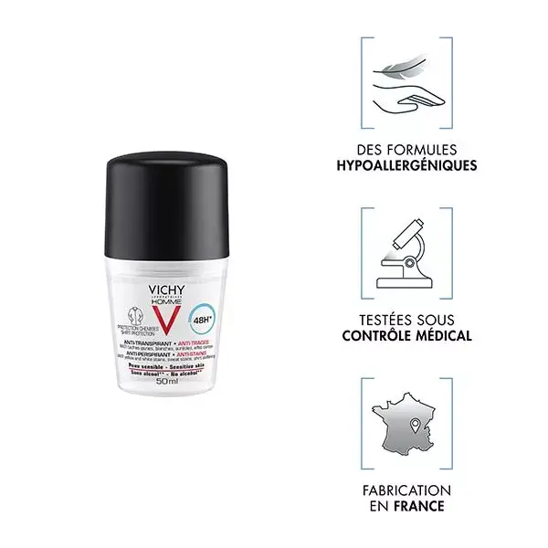Desodorante antitranspirante e antimanchas Vichy Masculino Roll-On 48h, Pacote com 2 unidades de 50ml