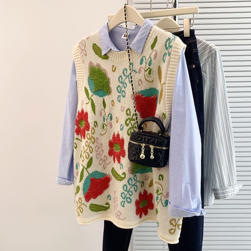 Taragon - Ronde hals jacquard trui vest