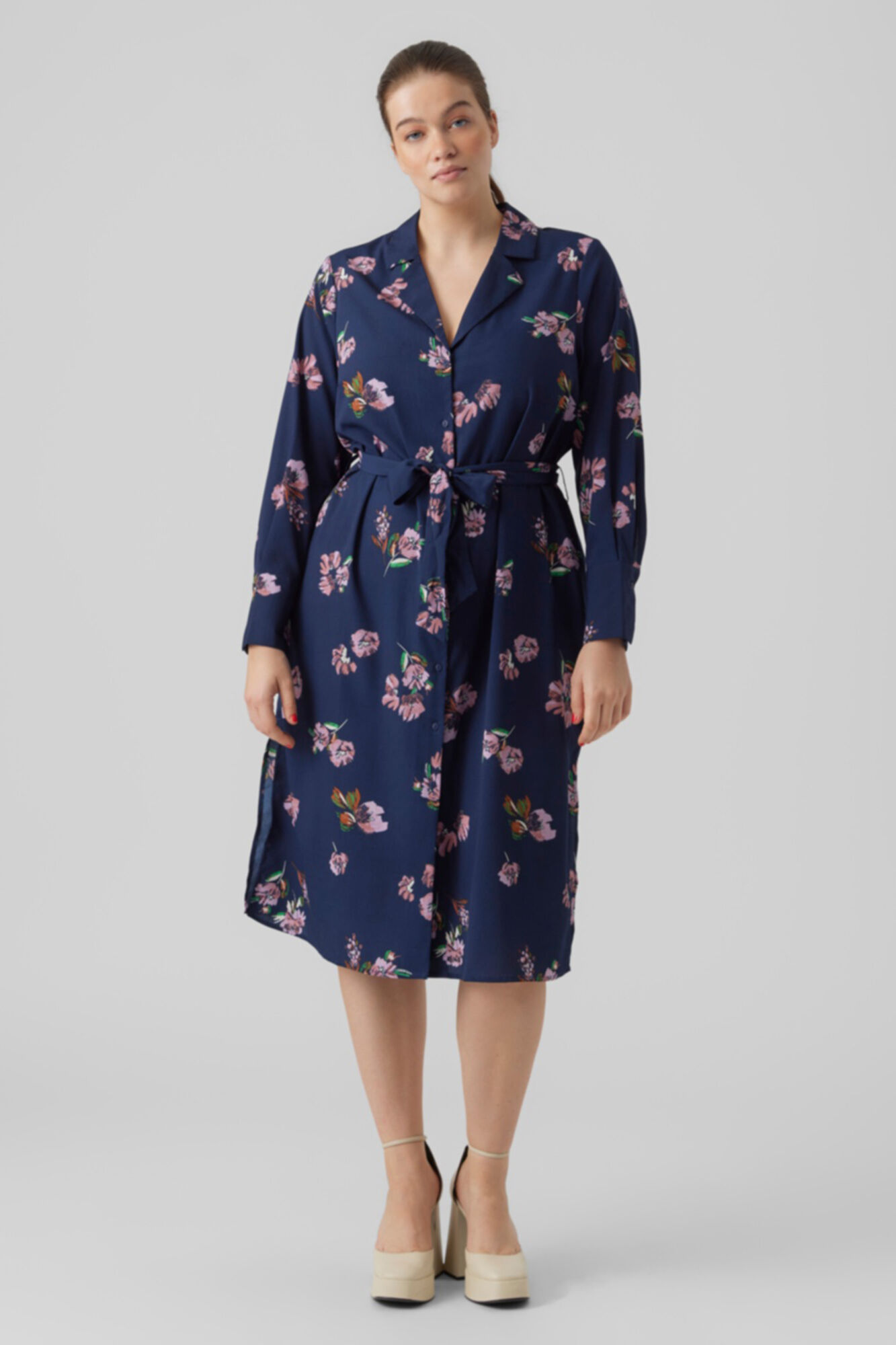 Vestido camisa midi plus size - Azul marinho