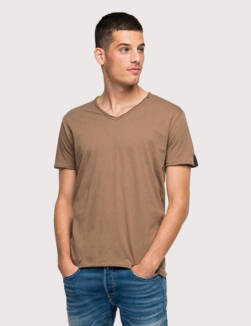 REPLAY T-SHIRT COL V COTON CIGAR