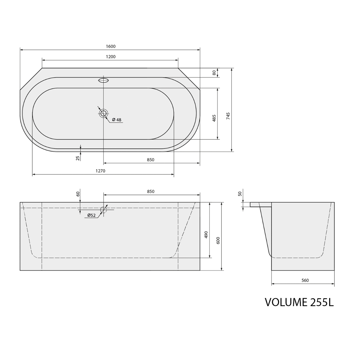Polysan Astra Monolith hoekbad wit 160x75x60cm rechts
