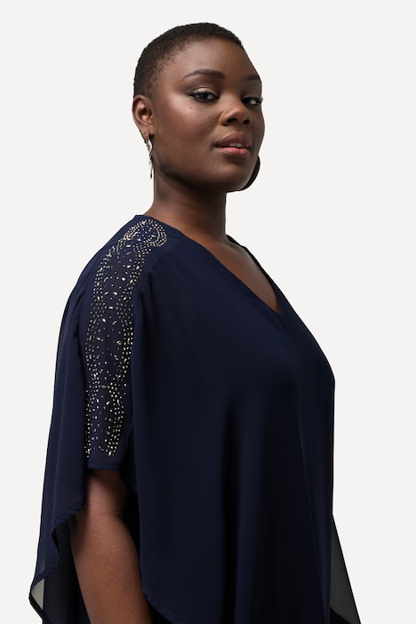 Chiffonkleid, doppellagig, V-Ausschnitt, 3/4-Arm