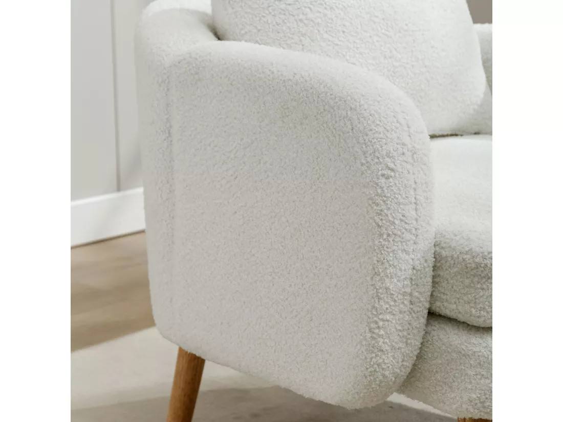 Fauteuil en tissu teddy avec coussin - pieds en bois massif - blanc