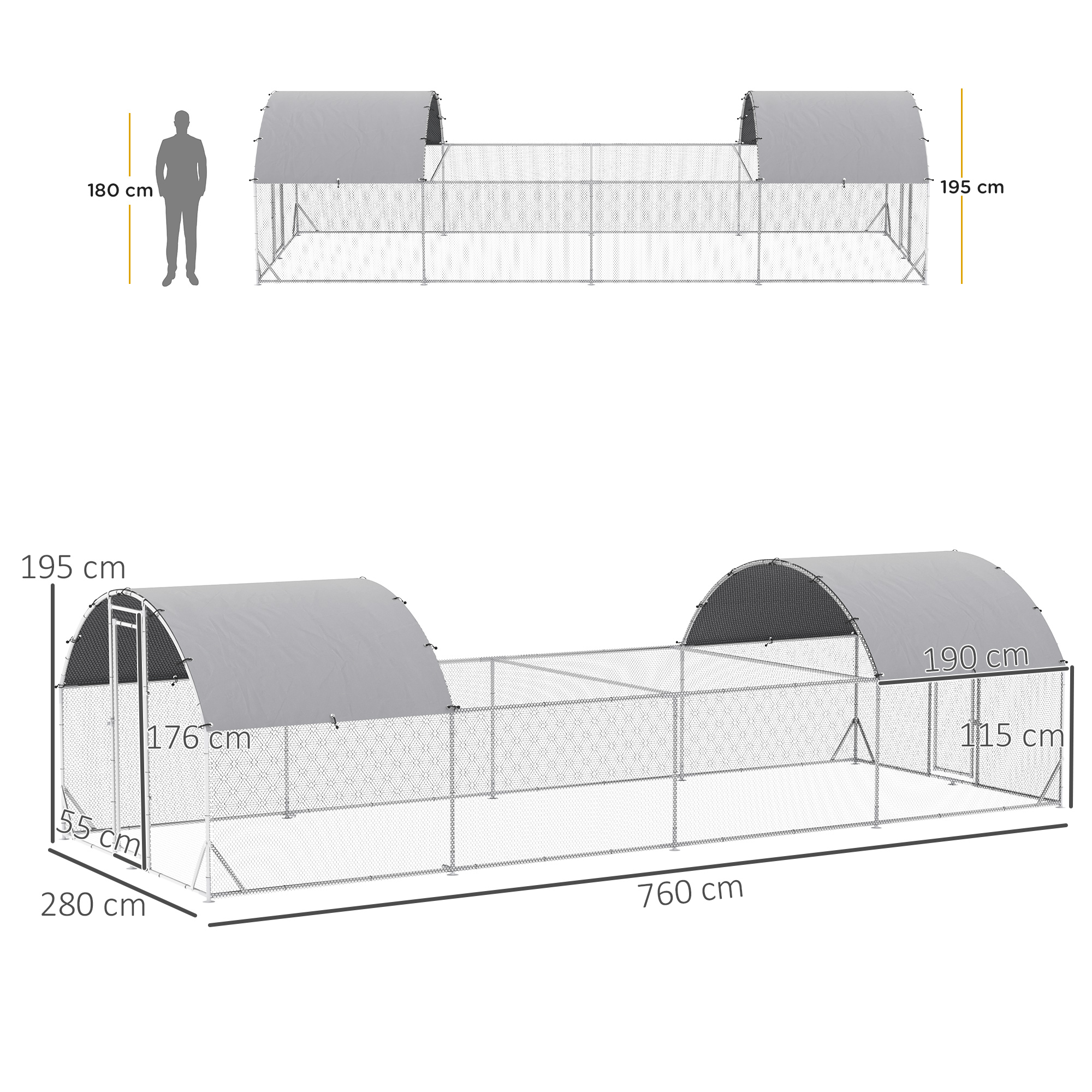 Galinheiro externo PawHut em aço galvanizado, 7,6 x 2,8 x 1,95 m, grande, com 4 níveis, cobertura de tecido, espaço para 20 a 24 galinhas, coelhos e outras aves, cor prata.