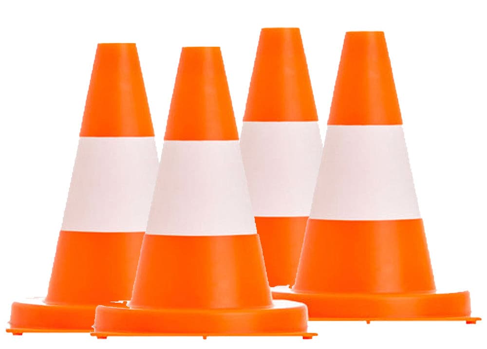 UVV verkeerskegels, markeringskegels, kleine pylonen, flexibel PVC, oranje/wit, 30 cm, set van 4