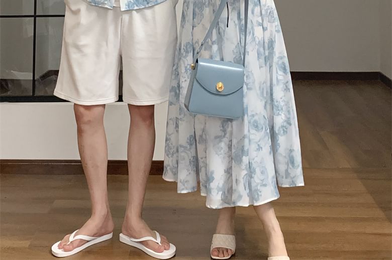 Azure - Bijpassende mouwloze A-lijn zomerjurk met bloemenprint / Hawaiiaans overhemd met korte mouwen