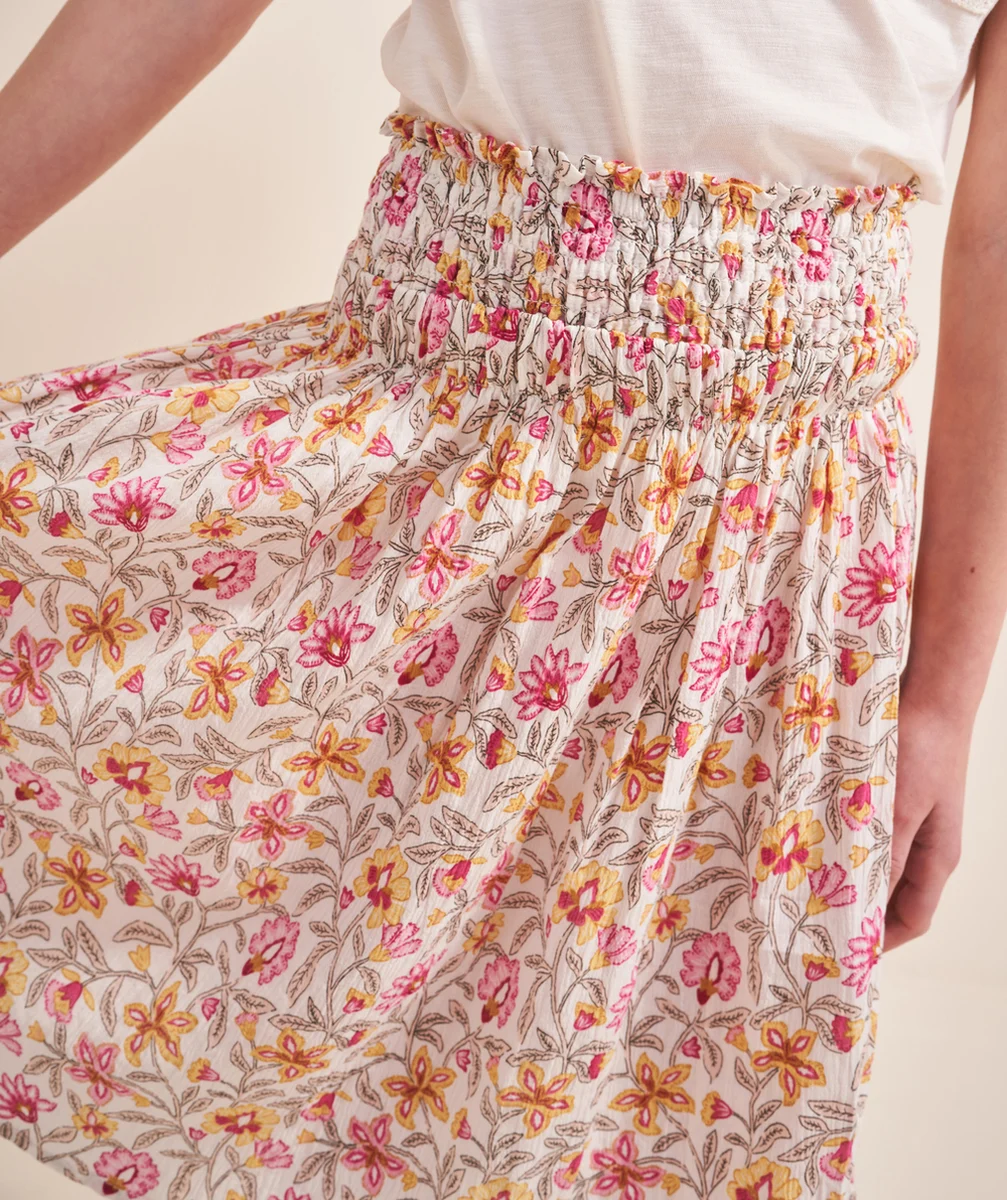 jupe longue fille en coton écru et imprimé floral jaune et rose