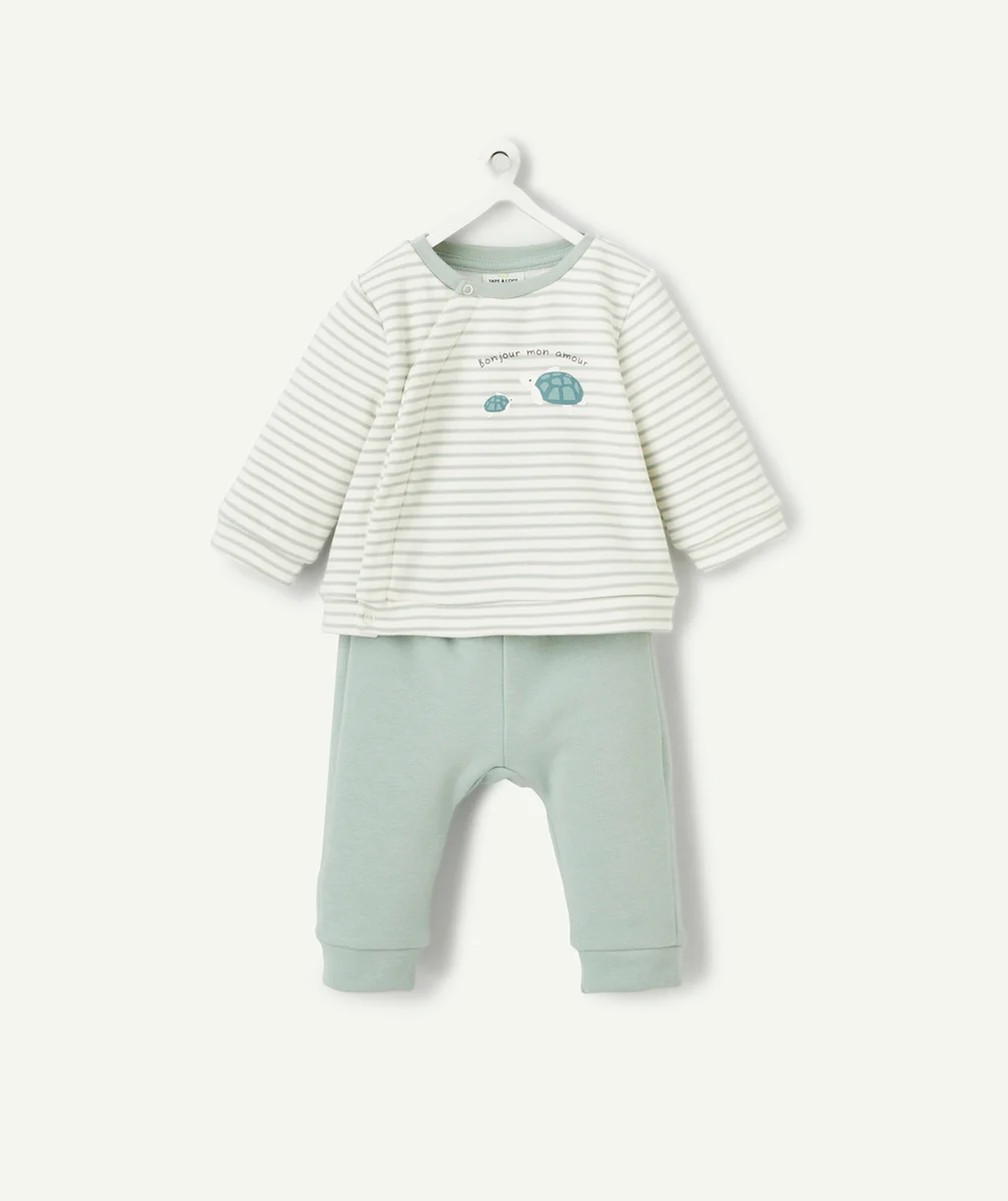 ENSEMBLE MOLLETON BÉBÉ EN FIBRES RECYCLÉES VERT D'EAU À RAYURES AVEC TORTUES