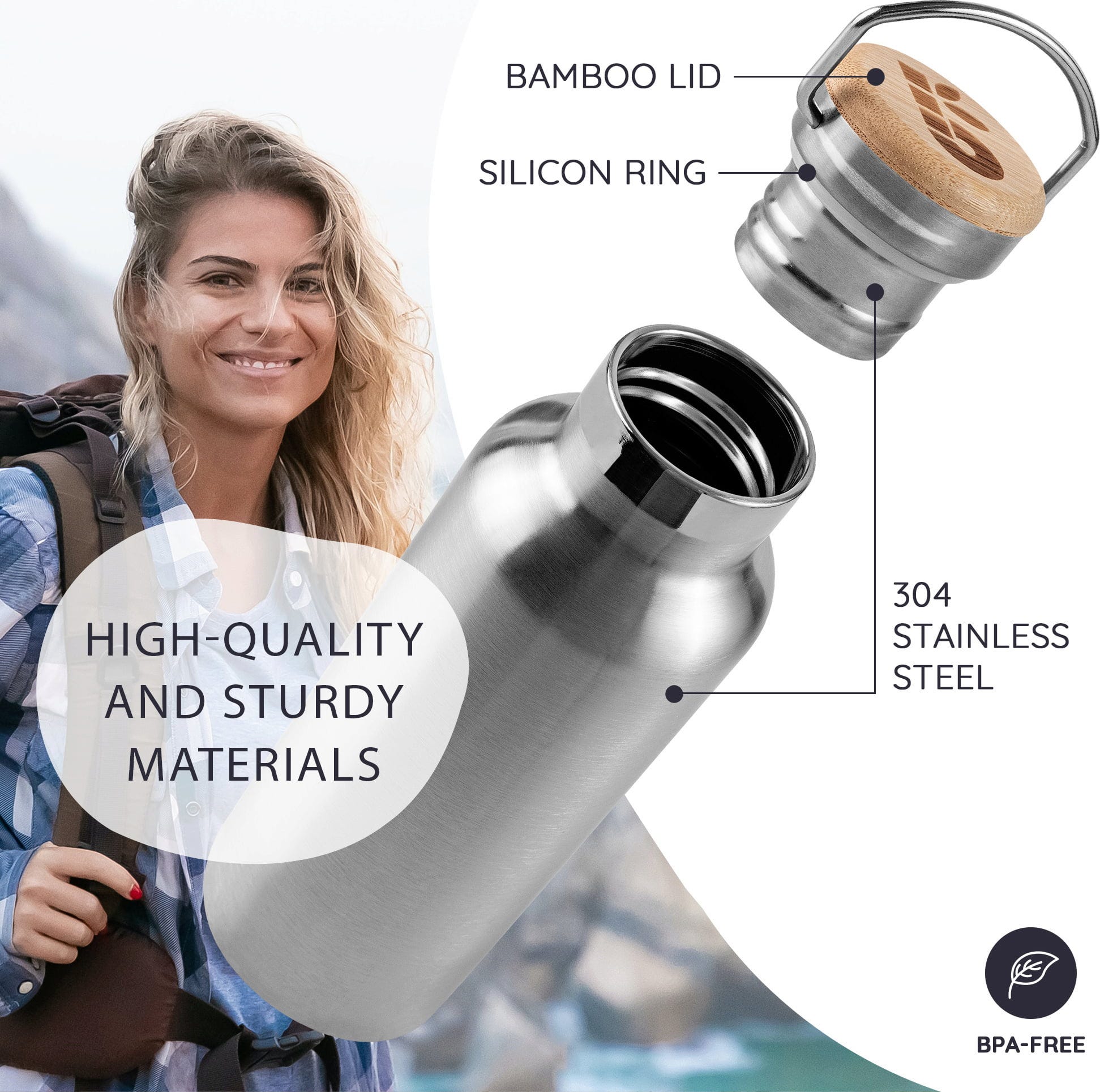 Bambaw  Thermosflasche aus Edelstahl 750 ml, Natural Steel