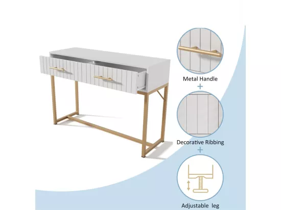 Coiffeuse décorée de rayures verticales - H 75 cm - avec 2 tiroirs et piètement en métal - Blanc