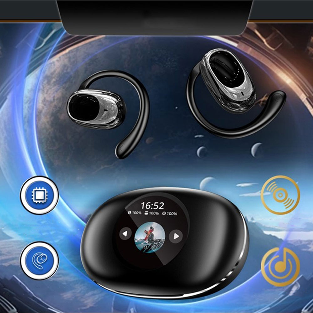 Stereo Open-Ear Bluetooth 5.4 Sport Kopfhörer mit Ohrbügel   Mikrofon und Ladecase mit Touch Display (IPX5) - Schwarz