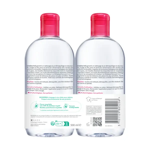 Água Micelar de Limpeza Bioderma Créaline H2O, Pacote com 2 x 500ml