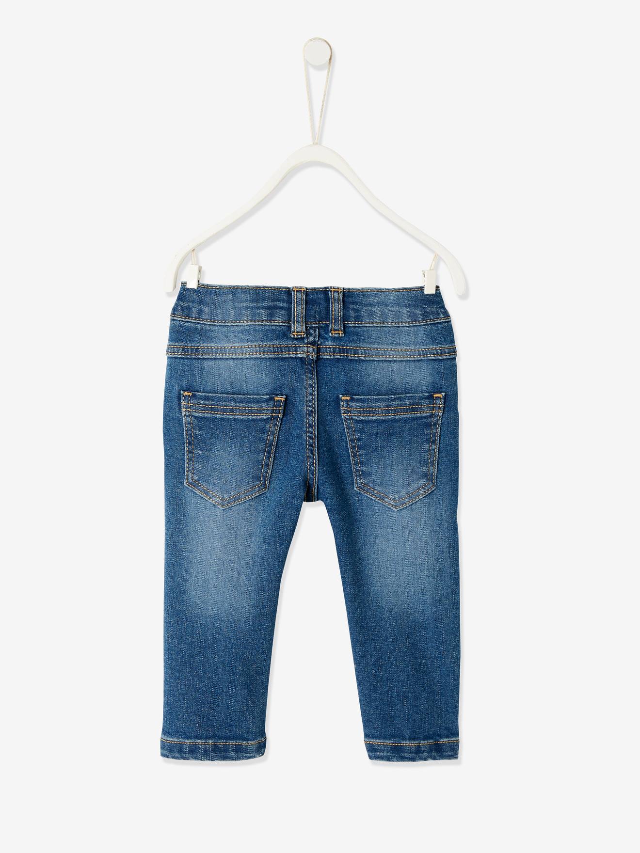 Calça jeans reta para bebês meninos e meninas, em denim natural.