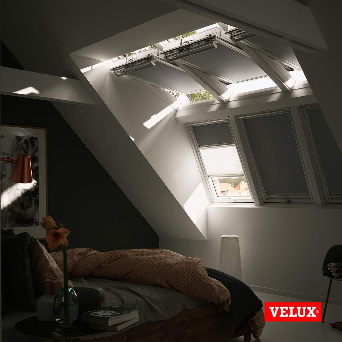 VELUX Original Dachfenster Duo Verdunkelungsrollo für FK06, Grau, mit weißer Führungsschiene