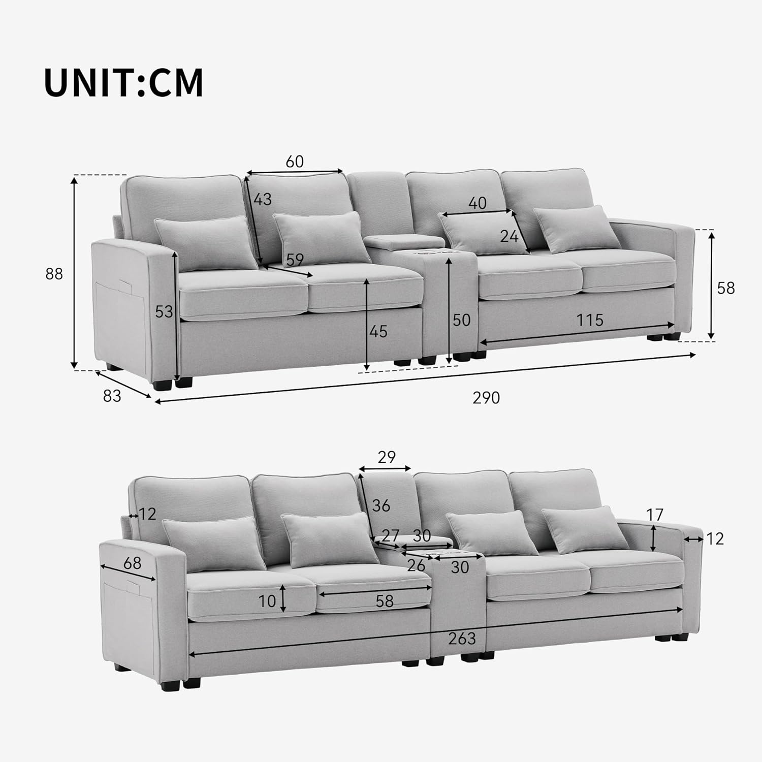 Kebnor Modernes 4-Sitzer-Sofa aus Leinenstoff mit Konsole, 2 Getränkehaltern, 2 USB-Anschlüssen zum Aufladen mit Kabel, mit Armlehnentaschen und 4 Kissen, einfaches Sofa für Wohnzimmer, Büro (Grau)